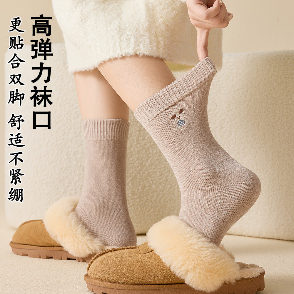 秋冬加厚保暖袜子女暖绒袜子卡通刺绣中筒袜堆堆袜地板袜