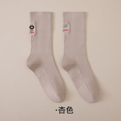 精梳棉袜子女美拉德秋冬季中筒日系堆堆袜卡通刺绣咖色双针中筒袜