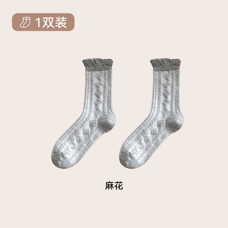 远润家秋冬复古撞色碎花菱格花边百搭袜子女无骨中筒棉袜女