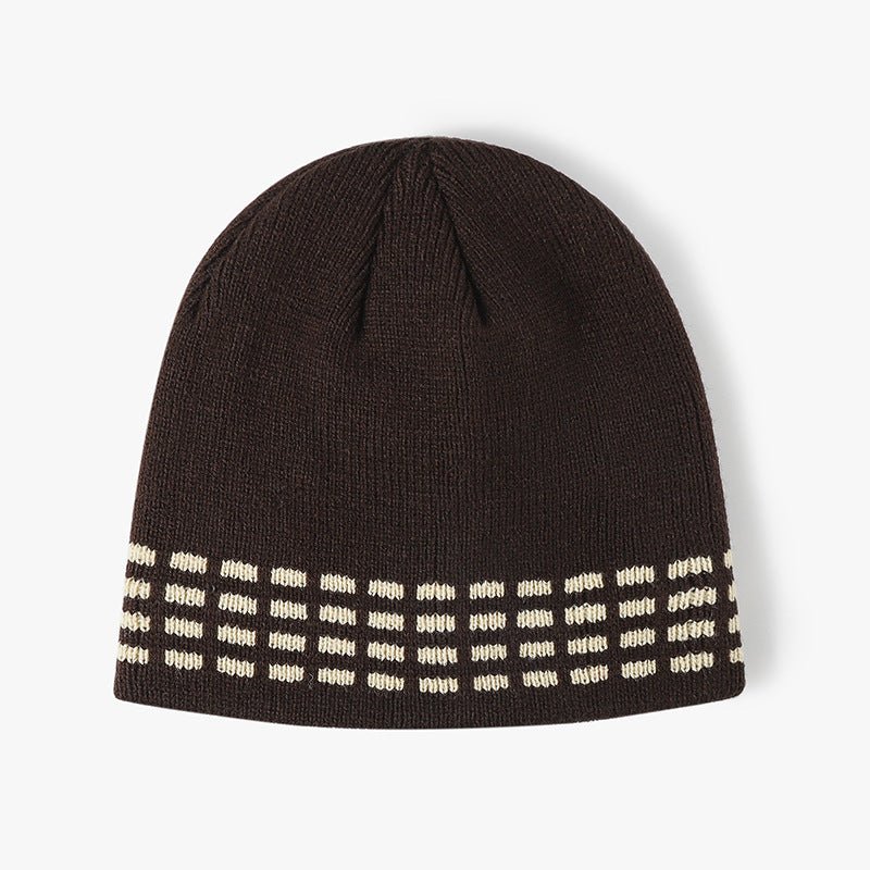 Brown contrast dash fleece-lined knit beanie product view