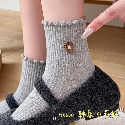 可爱花边袜子女日系短筒袜无骨棉质春秋麻花复古低帮花朵中筒袜