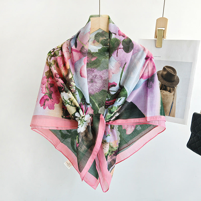 Scarvii - Watercolor Floral Stitched-Edge Square Scarf