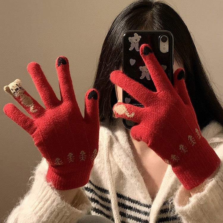 新年红色分指手套女冬天学生可爱猫咪韩版加厚毛绒骑行保暖冬季潮