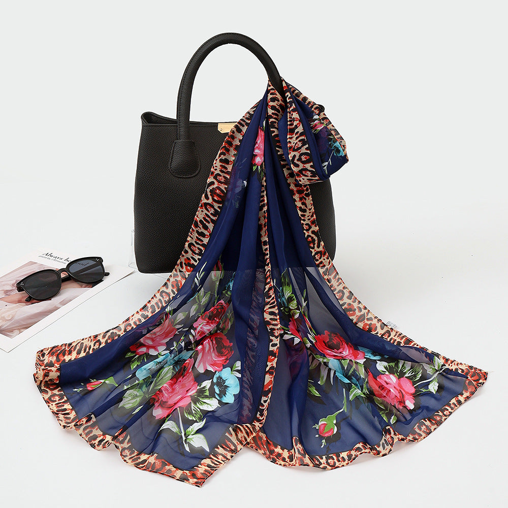 Product image for Scarvii - Floral Leopard Border Sheer Long Scarf (Navy)