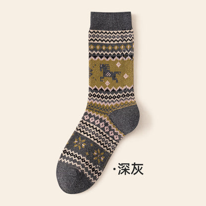 复古民族风中筒女袜秋冬季新款美拉德堆堆袜双针双路百搭马年袜子