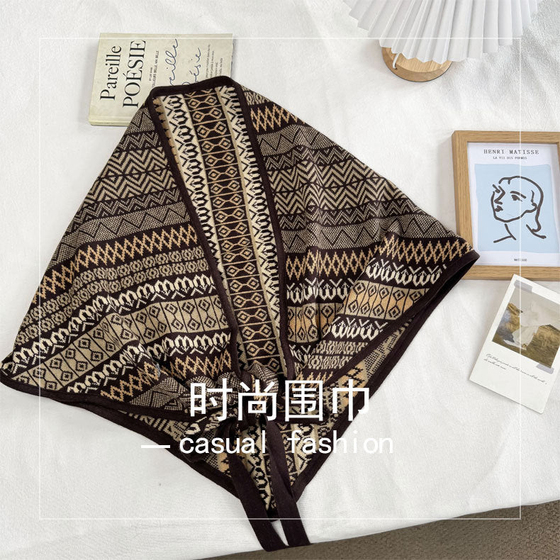 复古民族风三角披肩女波西米亚几何条纹针织外搭头巾多功能围巾