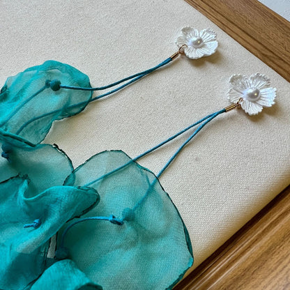 Teal Sheer Floral Tassel Earrings