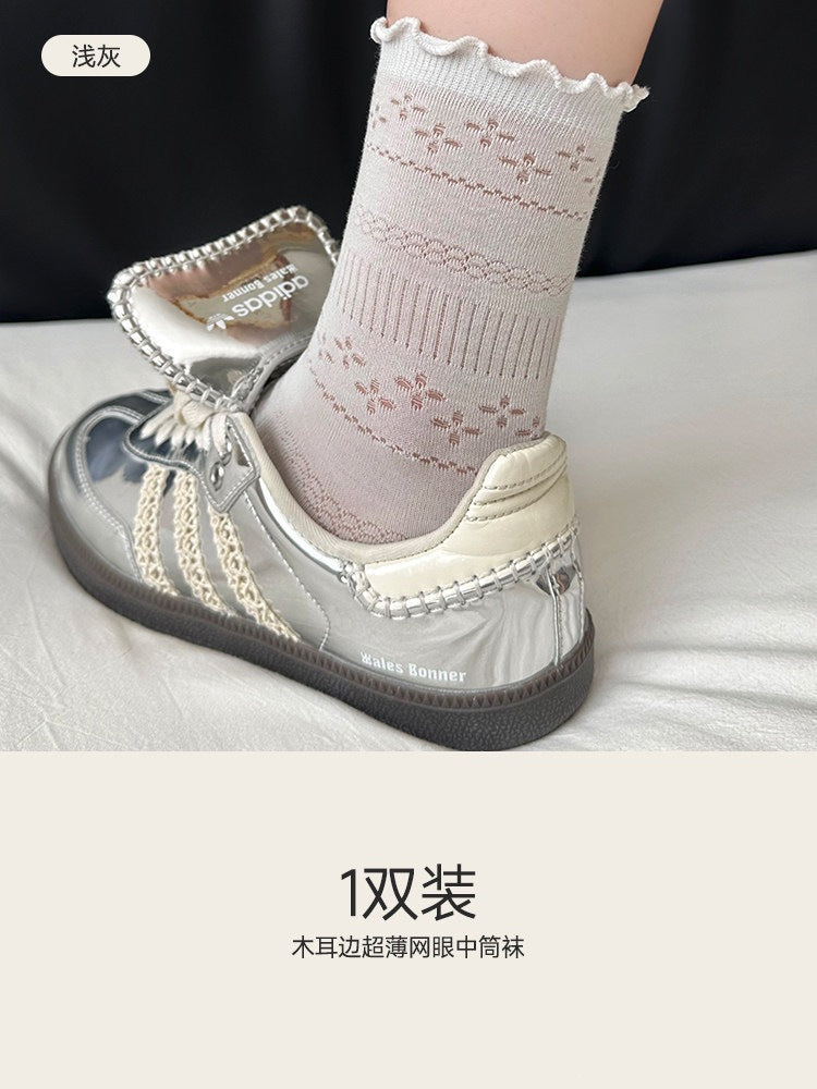 白色袜子女夏季薄款纯棉中筒袜无骨堆堆袜木耳花边抑菌夏天长袜