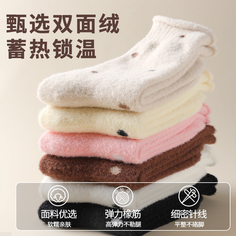 阿程家批发袜子女款秋冬加绒加厚保暖绒月子袜睡眠波点卷边堆堆袜