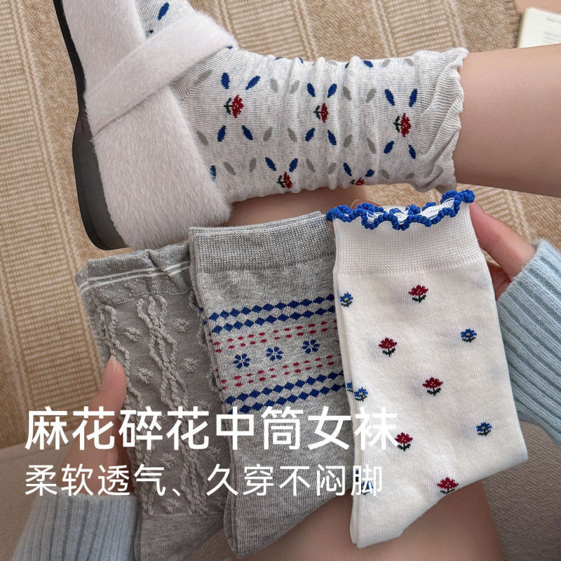 远润家秋冬新款麻灰碎花中筒女袜立体浮雕韩系花边无骨堆堆