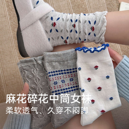 远润家秋冬新款麻灰碎花中筒女袜立体浮雕韩系花边无骨堆堆