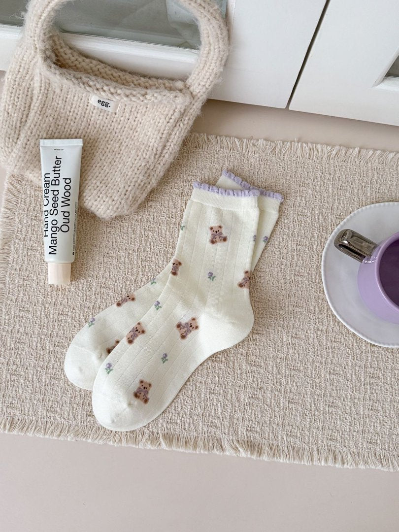 Product image for Rufia - Ruffled-Edge Mid-Calf Crew Socks (Teddy Floral)