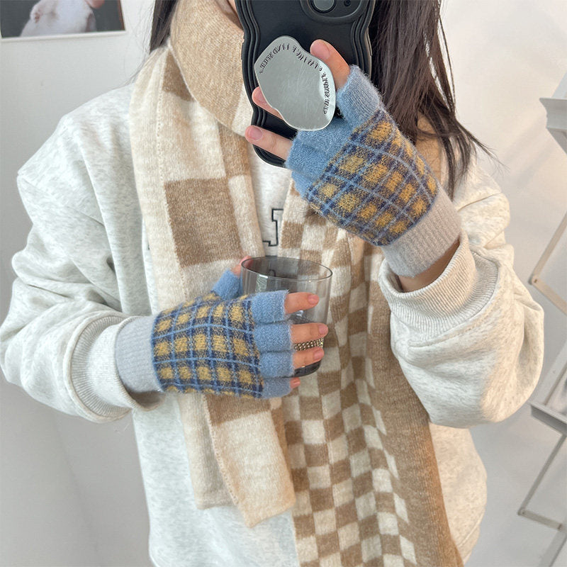 日系撞色格子保暖手套女生秋冬针织加绒半指开车骑行分指女学生潮