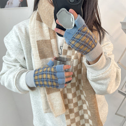 日系撞色格子保暖手套女生秋冬针织加绒半指开车骑行分指女学生潮
