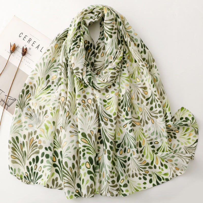 Green Botanical Fountain Print Wrap Scarf, draped front view