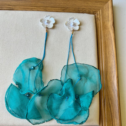 Teal Sheer Floral Tassel Earrings
