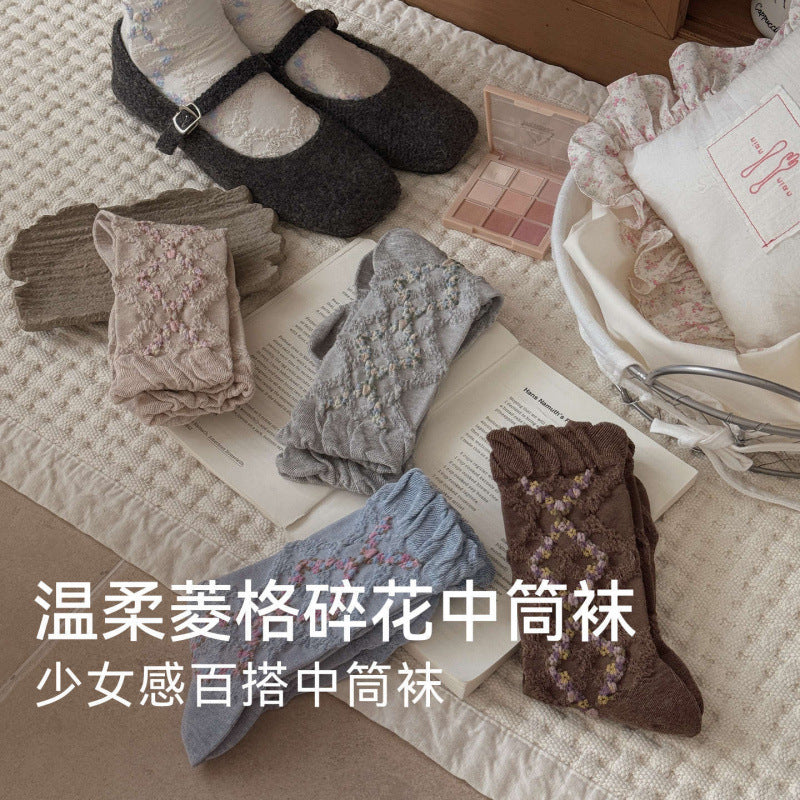 远润家秋冬复古森系立体浮雕花边中筒袜子女森系无骨堆堆棉袜