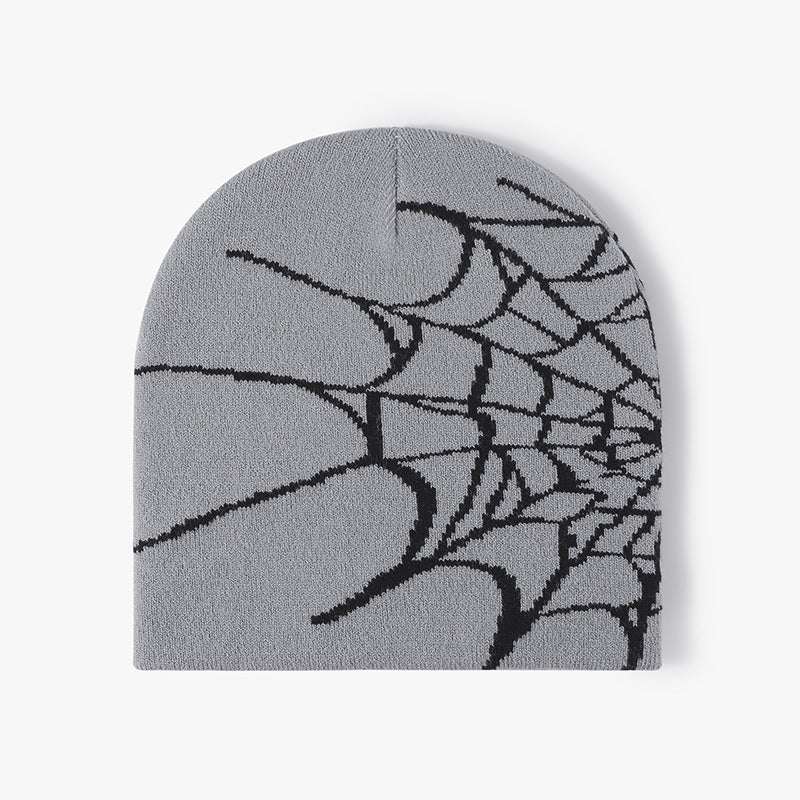Gray spiderweb graphic brimless knit beanie product view