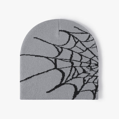 Gray spiderweb graphic brimless knit beanie product view