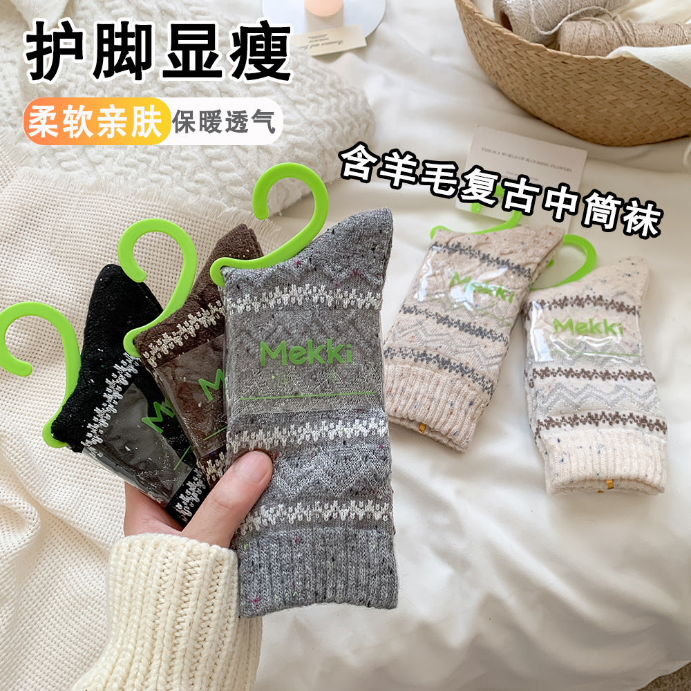 秋冬保暖羊毛袜复古风点子纱中筒袜女韩版堆堆袜子条纹袜批发