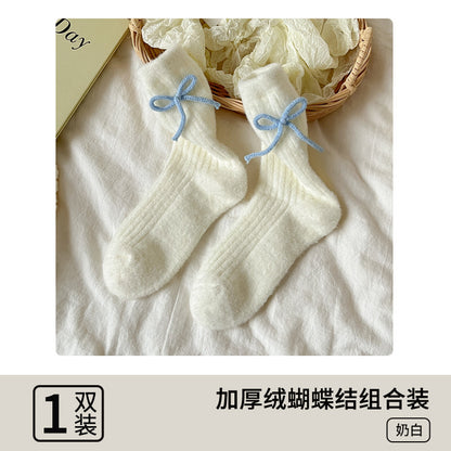 阿程家批发澳绒袜子女士秋冬加绒加厚中筒袜保暖冬季蝴蝶结堆堆袜