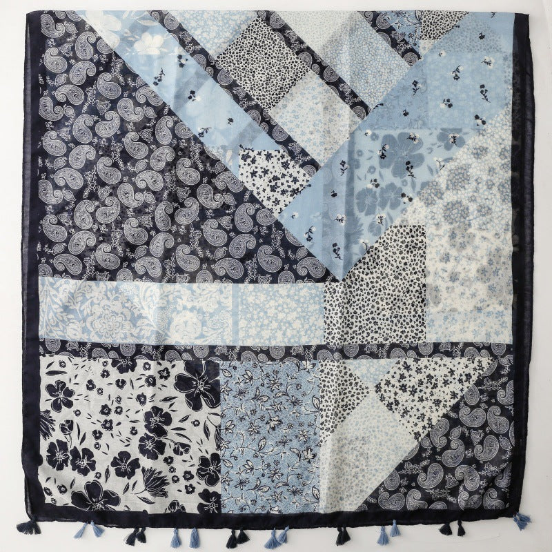 Paisley Blue Patchwork Paisley Tassel Wrap Scarf, product detail view