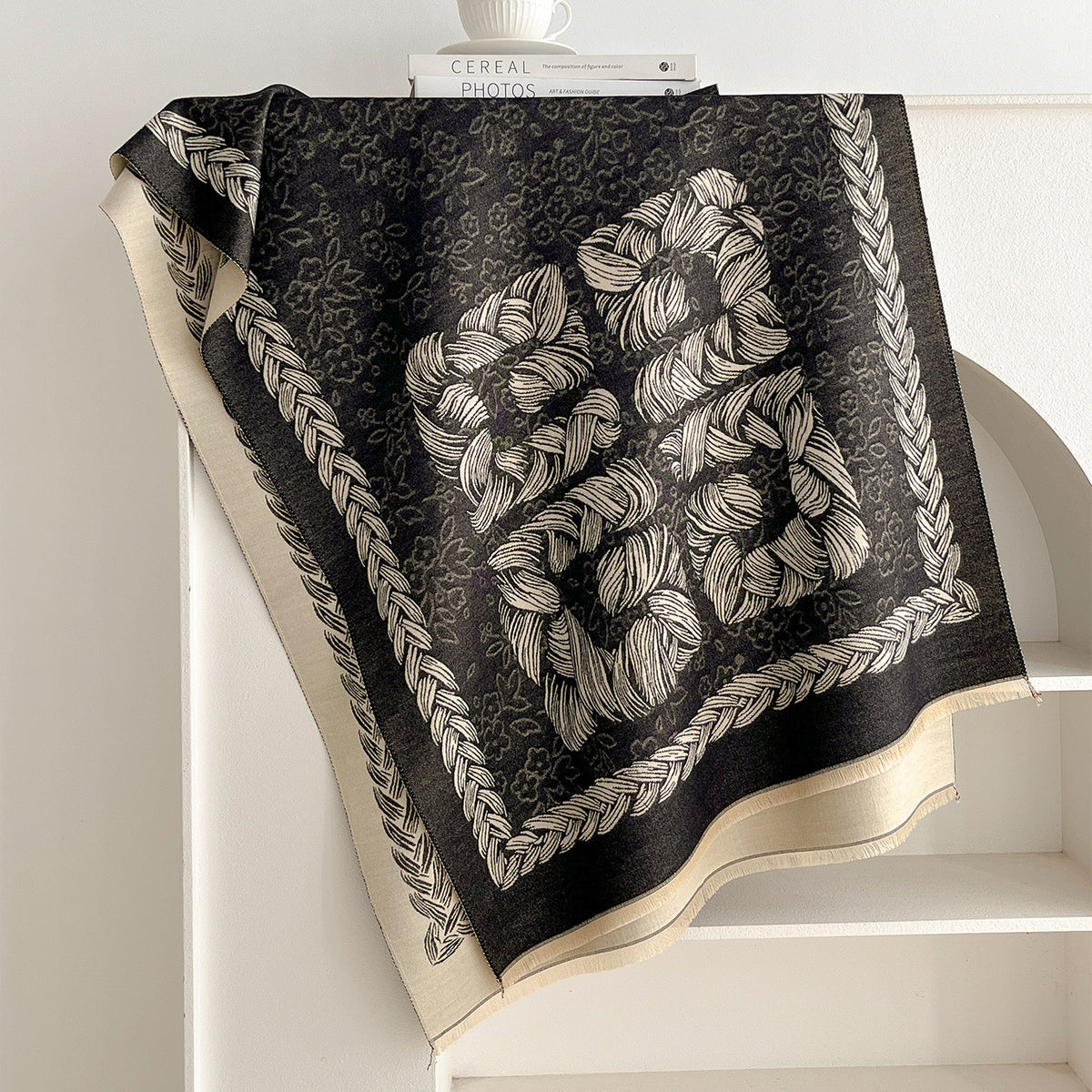 Product image for Scarvii - Floral Braid-Like Border Fringe Scarf (Black Gray)