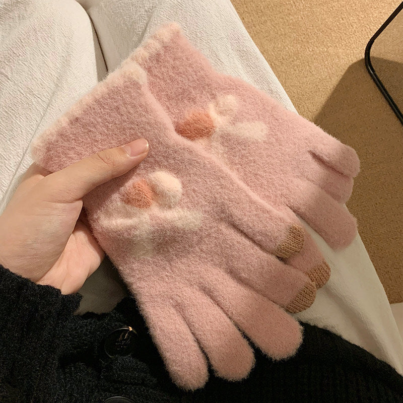 蝴蝶结分指手套女冬季ins加绒加厚毛绒保暖骑行针织可爱少女潮
