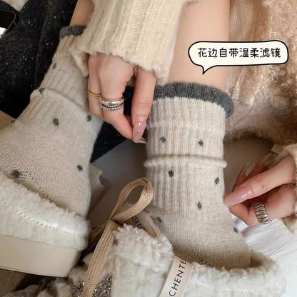 波点羊毛袜子女中筒袜秋冬季款加厚加绒保暖灰色勃肯鞋冬天长筒袜