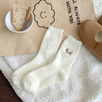 远润家秋冬加厚保暖澳绒袜子女毛茸茸可爱刺绣中筒袜堆堆袜