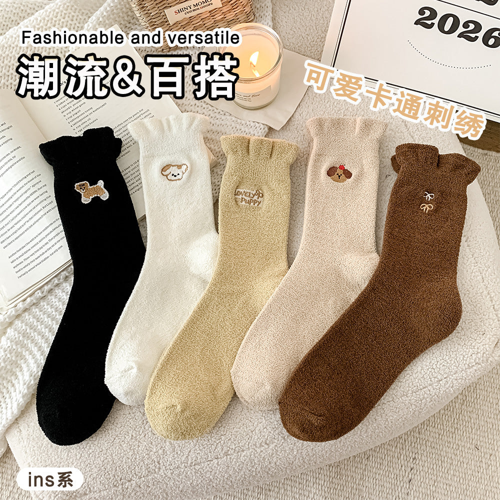 秋冬保暖袜子女中筒袜加绒加厚刺绣花边堆堆袜可爱中筒袜子堆堆袜