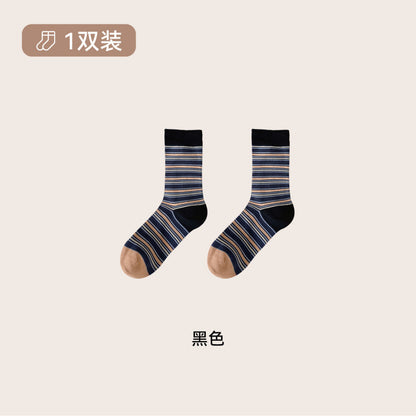 远润家秋冬复古条纹袜子女春百搭老钱风撞色无骨堆堆棉袜女