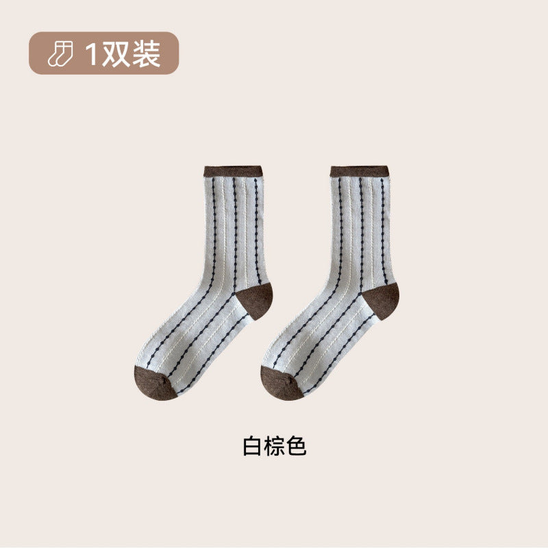 远润家秋冬复古日系条纹袜子女中筒百搭无骨潮流棉袜女堆堆袜子CH