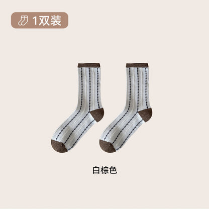 远润家秋冬复古日系条纹袜子女中筒百搭无骨潮流棉袜女堆堆袜子CH