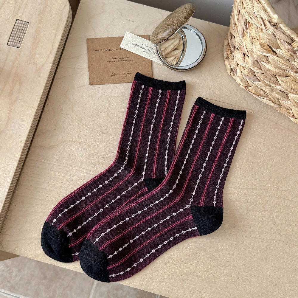 森系文艺女棉袜秋冬ins潮中筒袜小众复古撞色竖条堆堆袜学院风袜