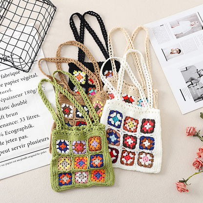 Top view of Cosbai Bohemian crochet woven tote bag showing opening