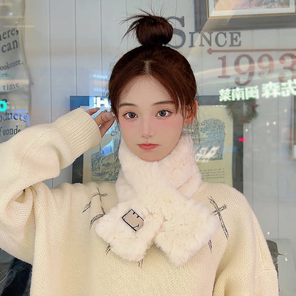 压花笑脸标ins毛绒保暖防寒围巾冬季加厚少女学院风百搭交叉围脖