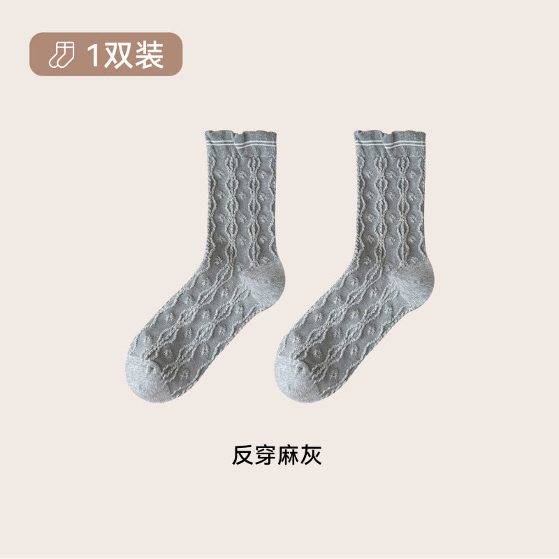 远润家秋冬新款麻灰碎花中筒女袜立体浮雕韩系花边无骨堆堆