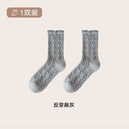 远润家秋冬新款麻灰碎花中筒女袜立体浮雕韩系花边无骨堆堆