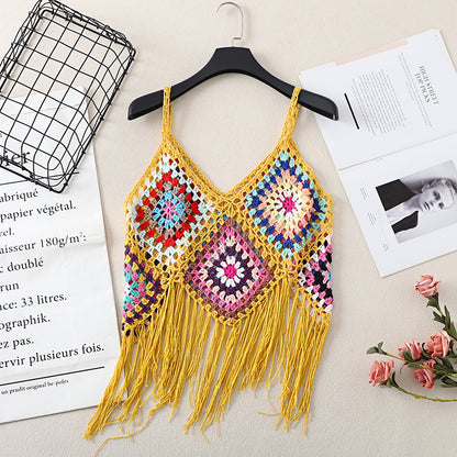 Crosa Bohemian Crochet Camisole Tank Top hanging against white background