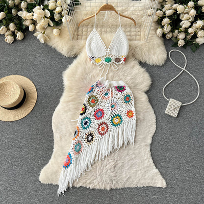 Crosa Bohemian Knitted Open-Knit Crochet Top and Skirt with knit texture