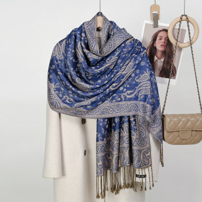 Product image for Scarvii - Paisley Floral-Vine Fringe Scarf (Blue)