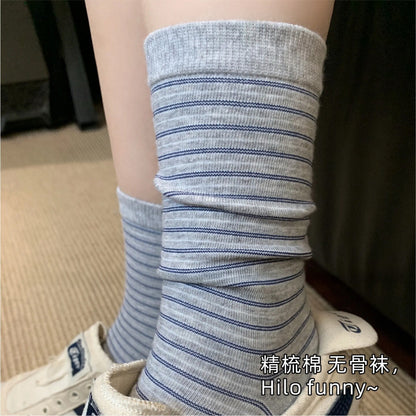 远润家秋季新款2026复古风条纹中筒袜子女棉质学院风日系休闲无骨