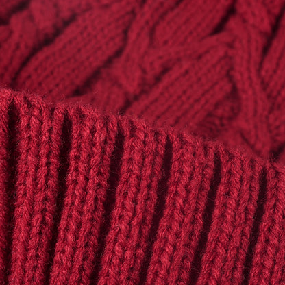 Burgundy cable knit pom-pom cuffed beanie product view