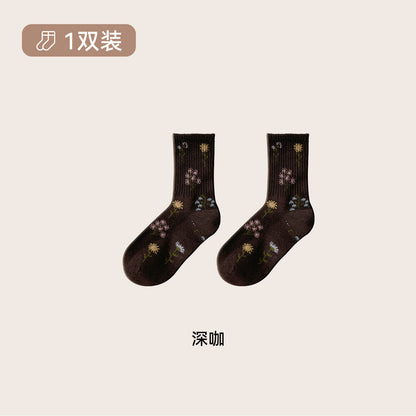CHEEMYFREE复古森系小雏菊花朵中筒袜子女秋冬羊毛保暖韩系堆堆袜