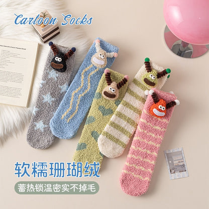 加绒加厚中筒袜居家地板袜保暖睡眠袜卡通秋冬季动物