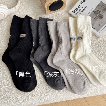 冬天暖糯鹿绒袜子女加厚保暖后跟布标中筒袜秋冬百搭灰色堆堆长袜