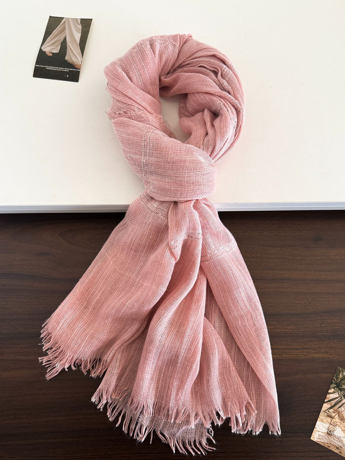 Product image for Scarvii - Gauzy Openwork Stripe Fringed Scarf (Dusty Pink)