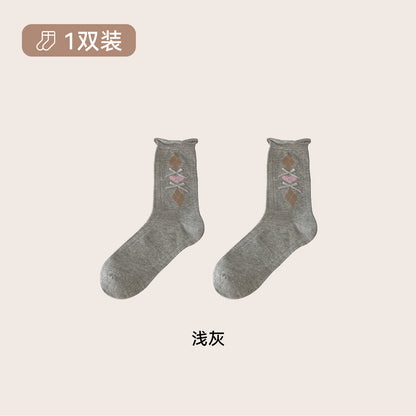 CHEEMY FREE卷边菱格蝴蝶结中筒女袜秋冬复古饰品无骨棉堆堆袜女