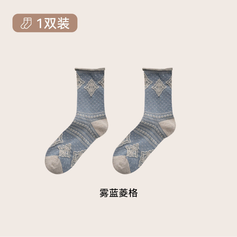 远润家秋冬法式郁金香中筒袜子女复古立体花边田园无骨棉袜